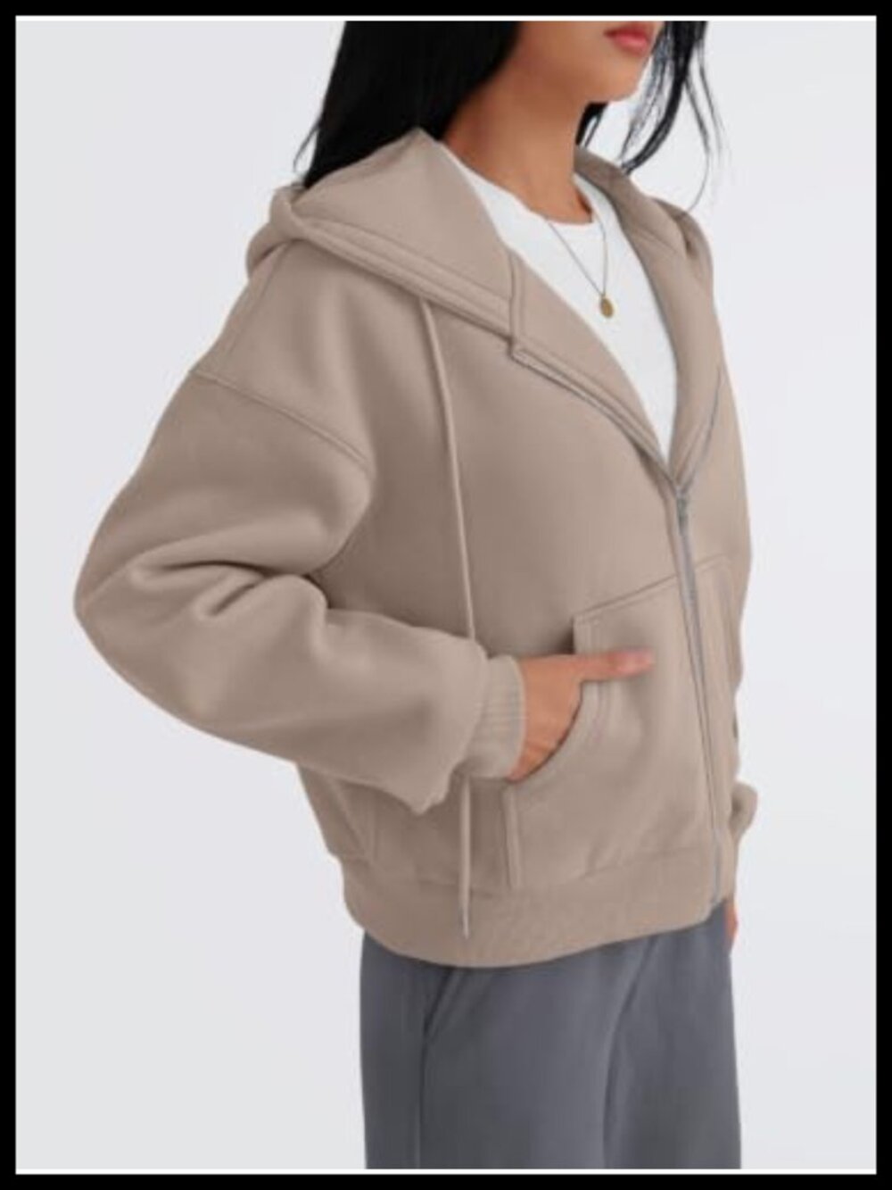 Women's Zip Up Cropped Hoodie Fleece Lined Drop Shoulder Sweatshirt - Picture 2 of 5